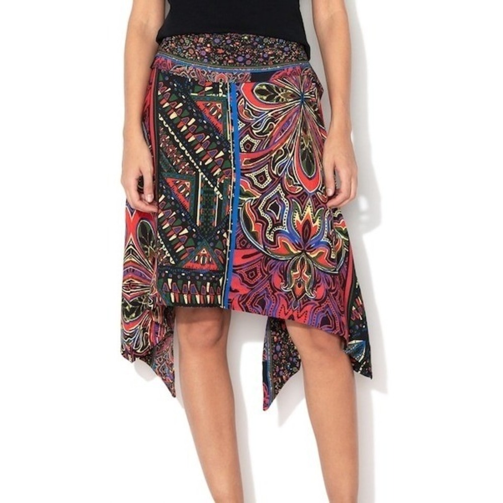 Desigual Geometric Paisley Sharkbite Skirt 38 Red Multi Tie Waist Boho Tribal
